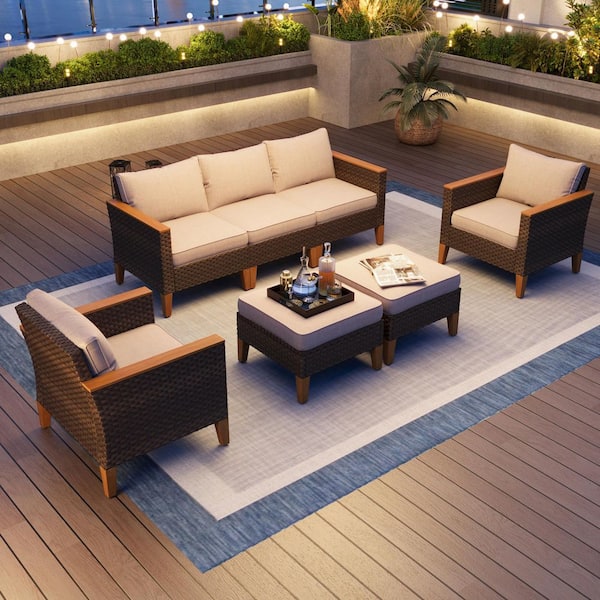 PHI VILLA 4-Piece Outdoor Wicker Rattan Patio Furniture Set with Ottoman