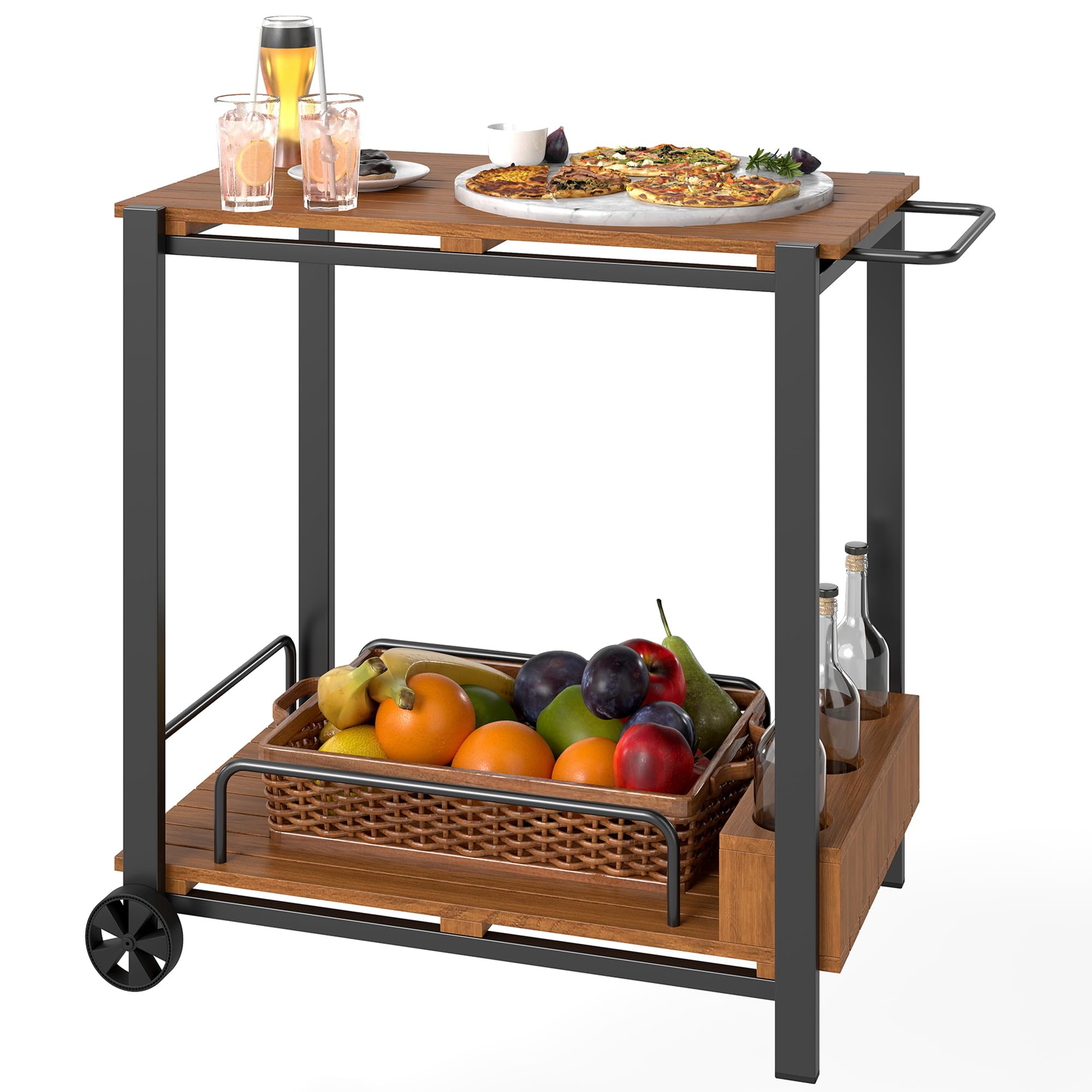 Tangkula Outdoor Rolling Bar Cart with Acacia Wood Top
